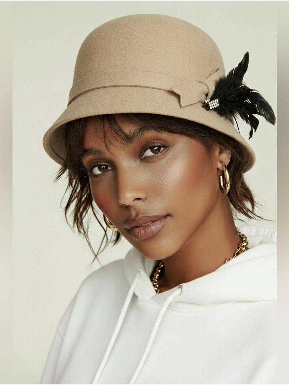 Holt Renfrew Wool Cloche Hat with Feather Accent - Beige